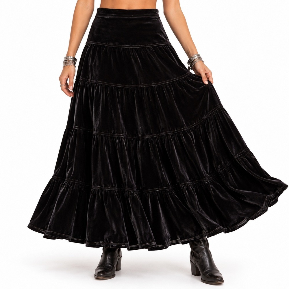 Vintage Black Velvet Tiered Maxi Skirt Sz 10 Gothic Dark Cottagecore Witchy
